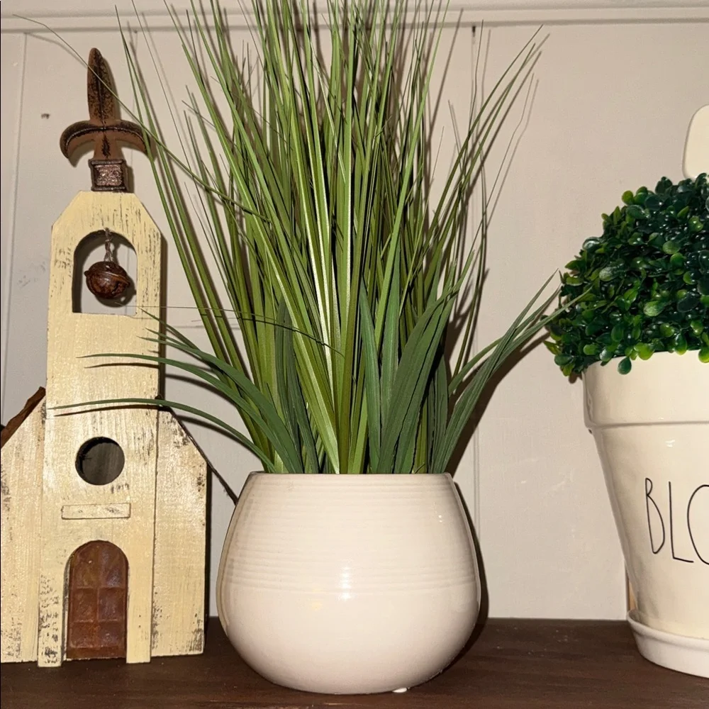 17” Artificial Green Grass Plant in White Planter Pot Home Accent & Decor